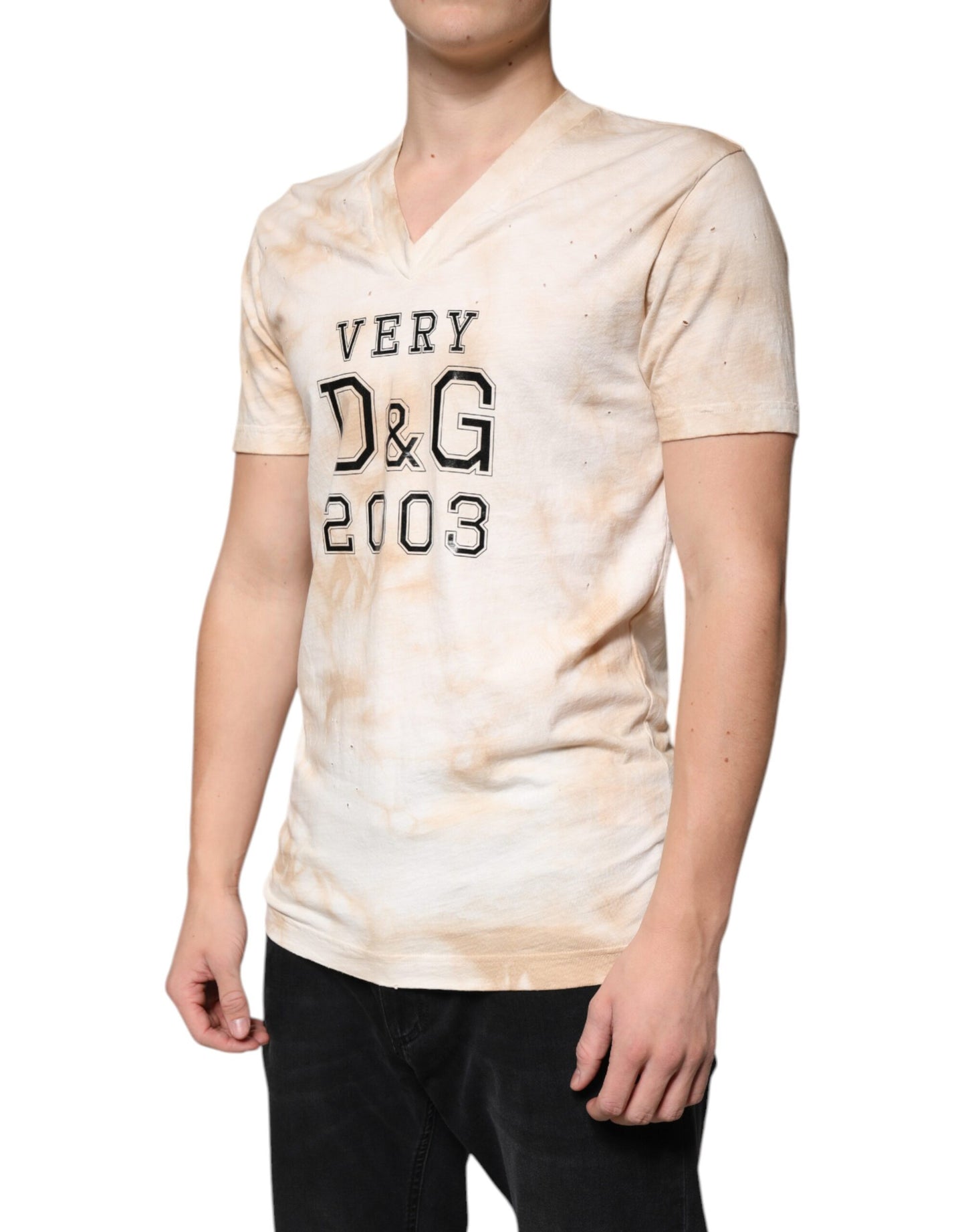 Beige Graphic Print Cotton V-neck T-shirt