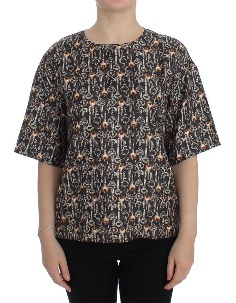 Betoverde Siciliaanse zijden blouse met middeleeuwse sleutelprint