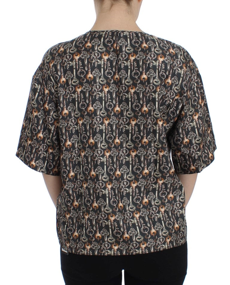 Betoverde Siciliaanse zijden blouse met middeleeuwse sleutelprint