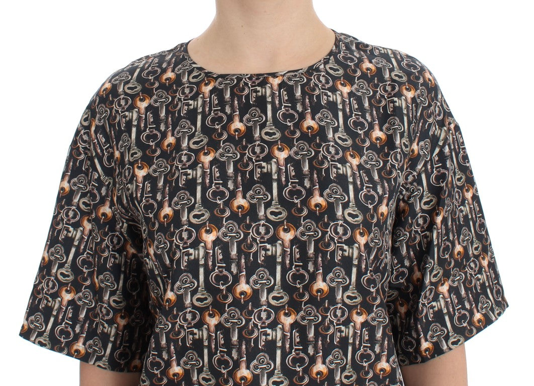 Betoverde Siciliaanse zijden blouse met middeleeuwse sleutelprint