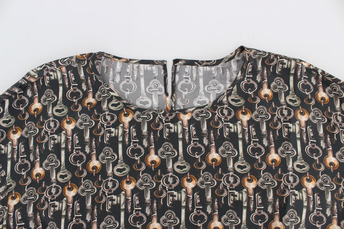 Betoverde Siciliaanse zijden blouse met middeleeuwse sleutelprint