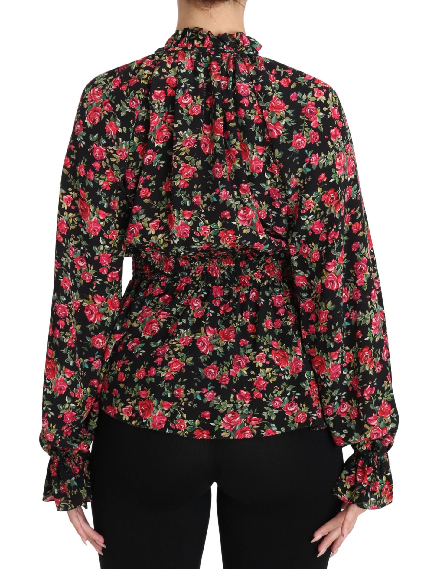 Elegante zwarte zijden blouse met bloemenprint