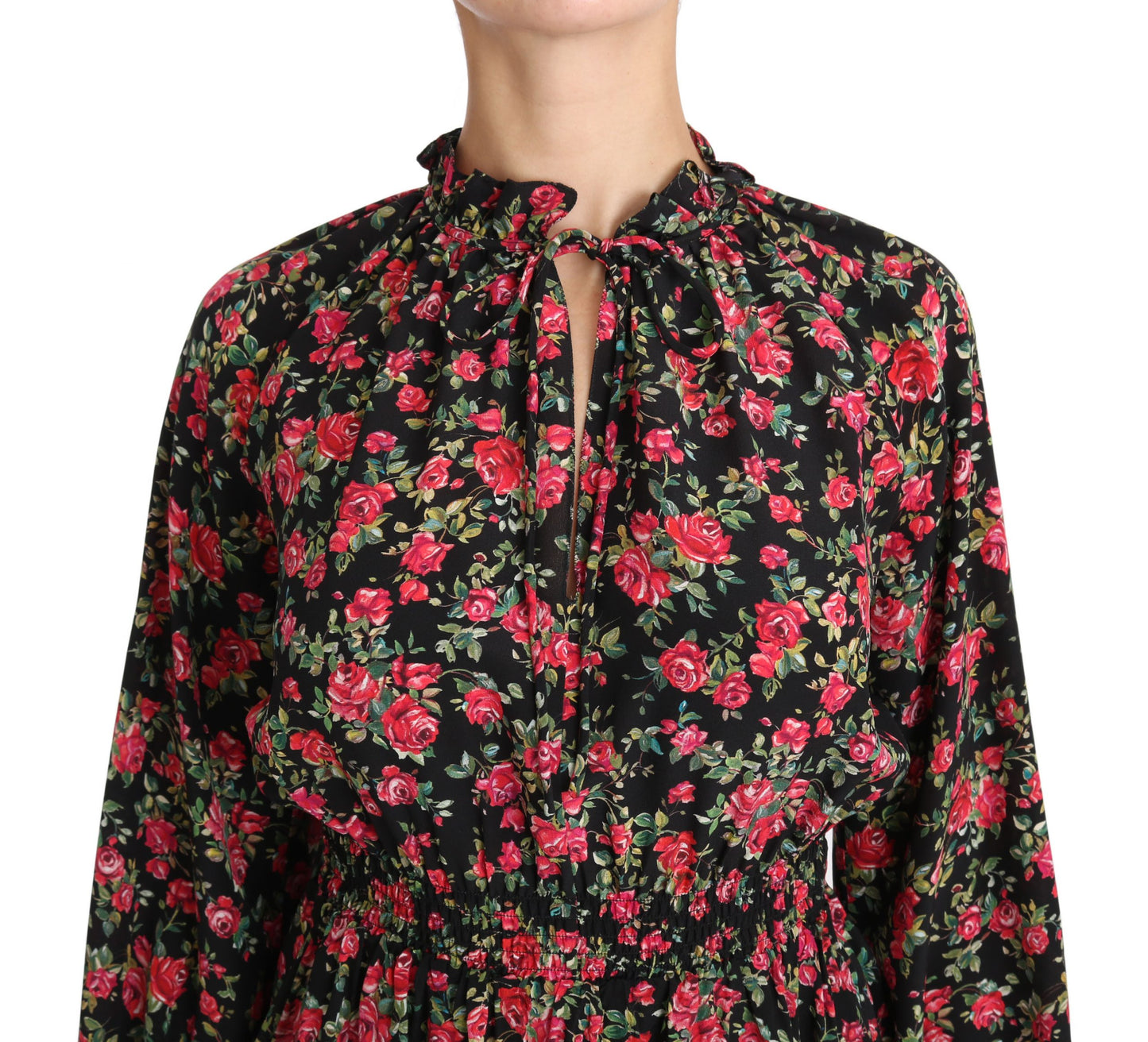 Elegante zwarte zijden blouse met bloemenprint