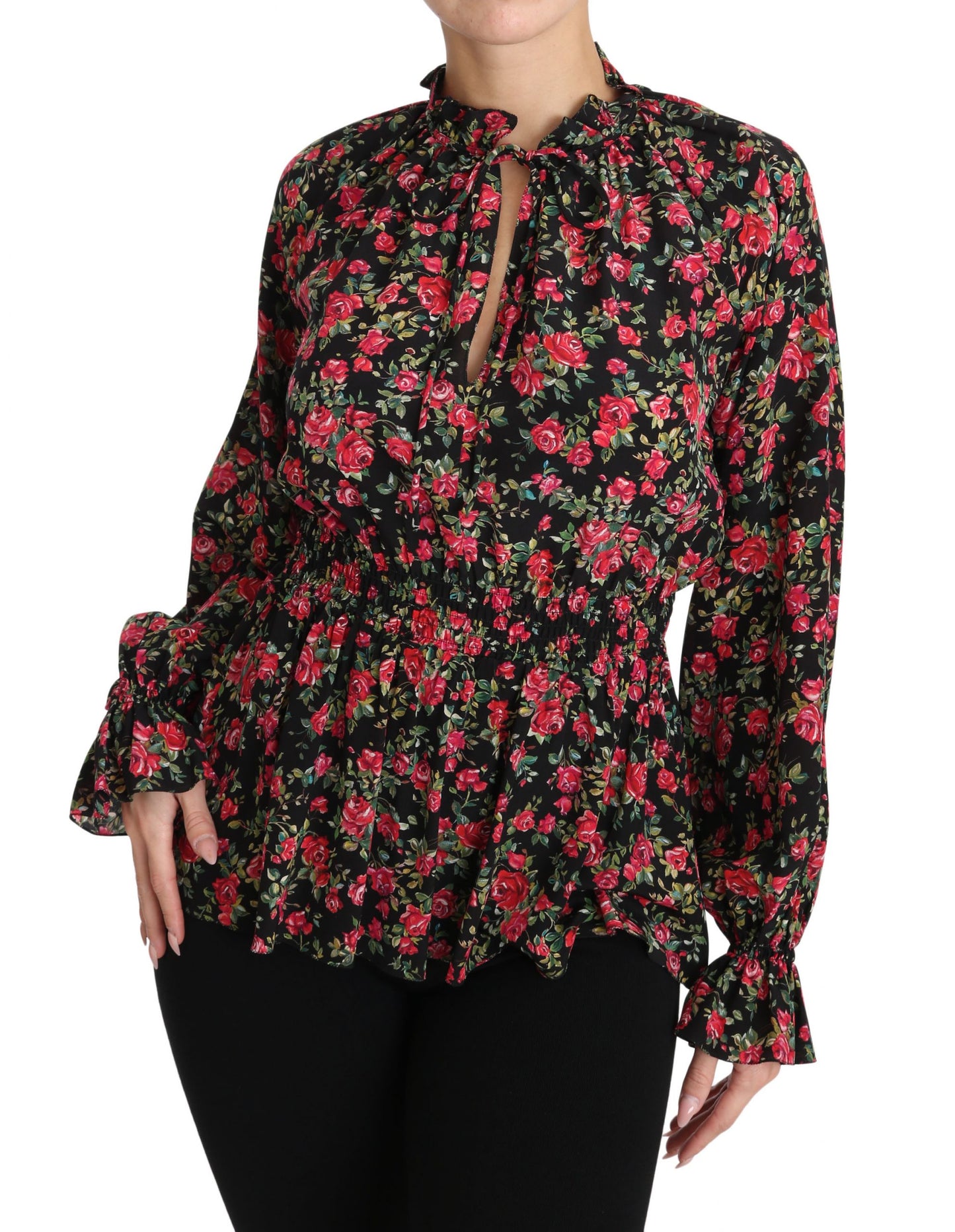 Elegante zwarte zijden blouse met bloemenprint