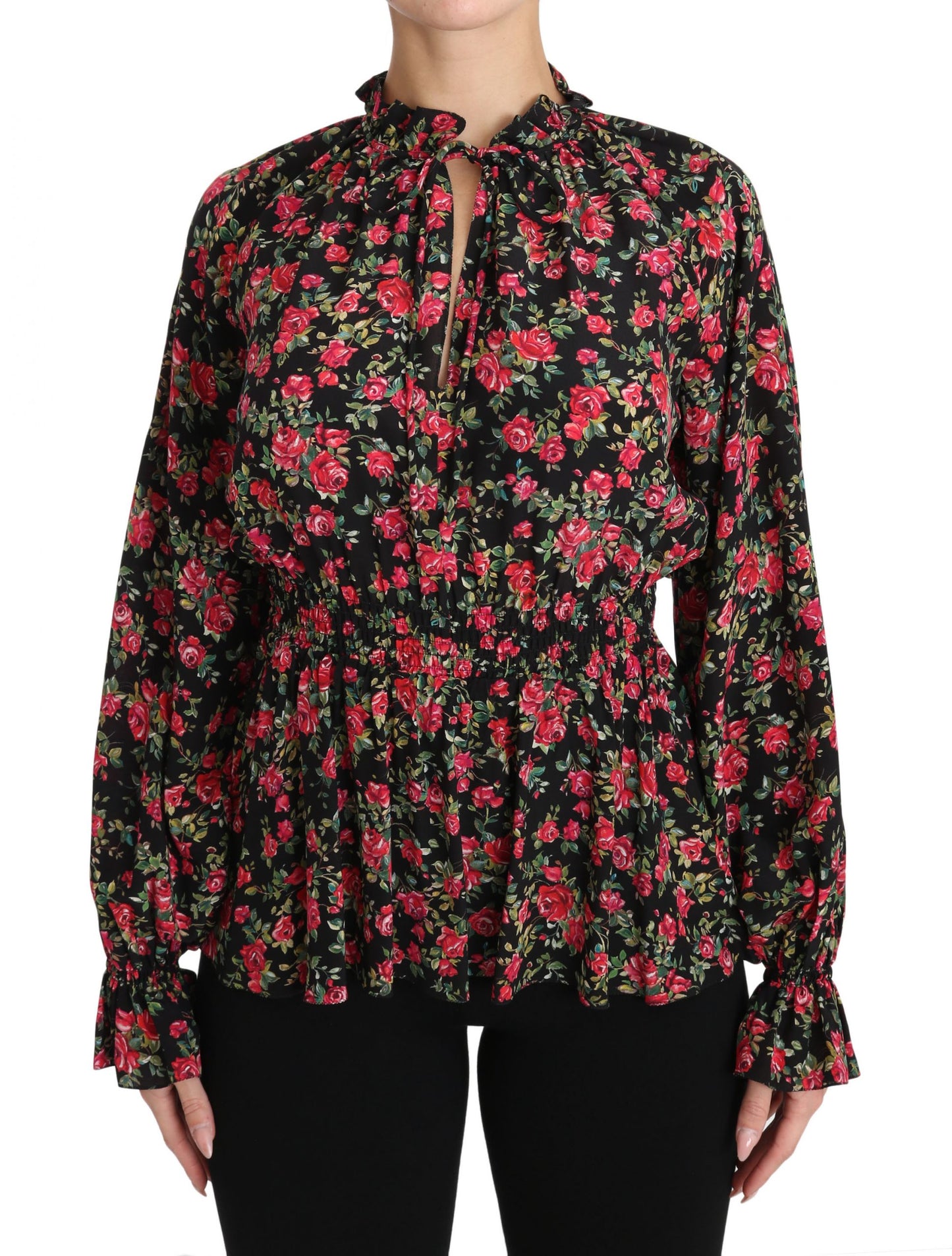 Elegante zwarte zijden blouse met bloemenprint