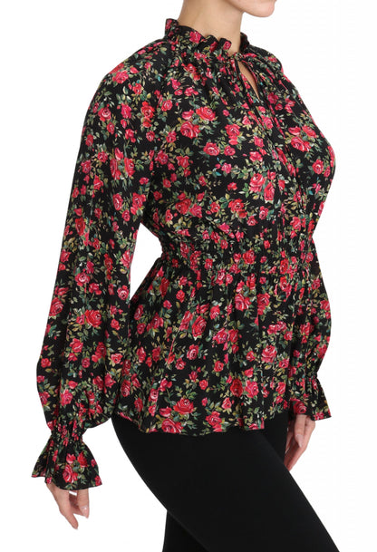 Elegante zwarte zijden blouse met bloemenprint