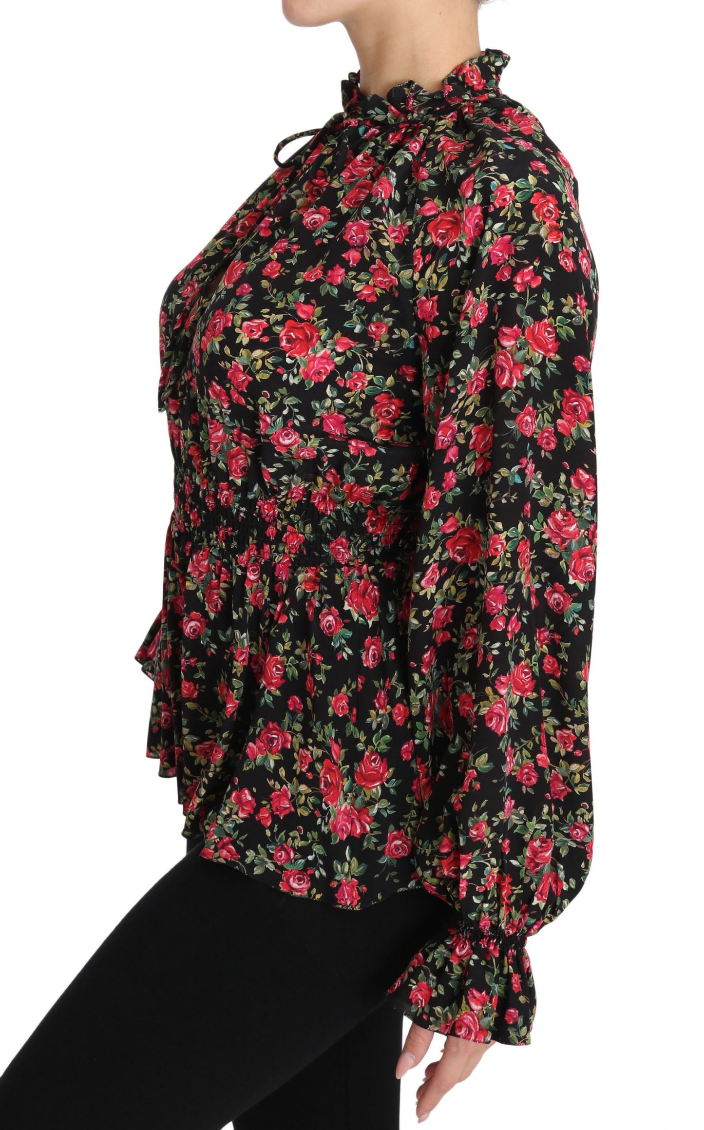 Elegante zwarte zijden blouse met bloemenprint