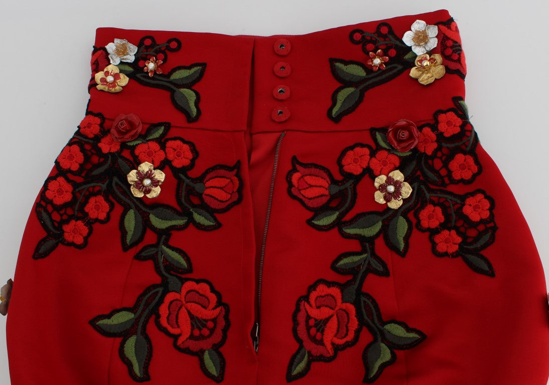 Glamoureuze rode zijden bloemen geborduurde shorts