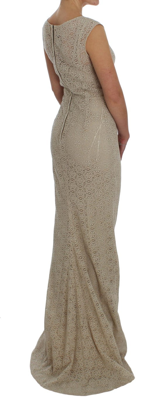 Elegante beige maxi-jurk met bloemenuitsparing