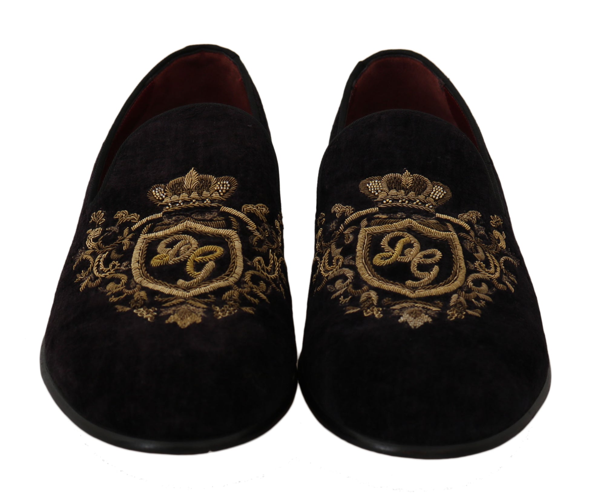 Elegante zwarte loafers met gouden kroonborduurwerk