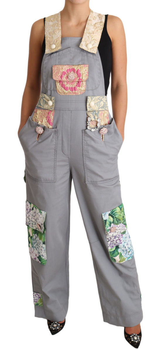 Prachtige denim overall met bloemenversiering