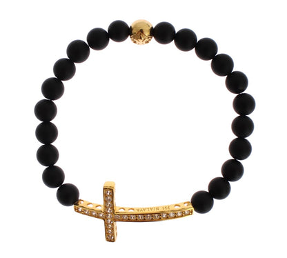 Chique Matte Onyx Kraal &amp; CZ Diamant Kruis Armband