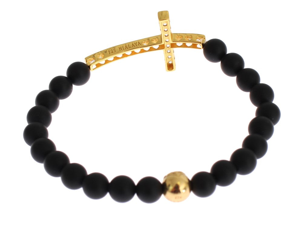 Chique Matte Onyx Kraal &amp; CZ Diamant Kruis Armband